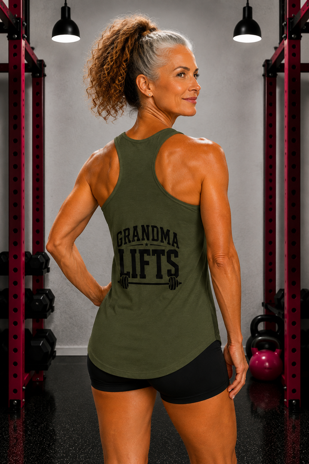 Grandma Lifts - Women's Ideal Racerback Tank - White Logo Front & Back