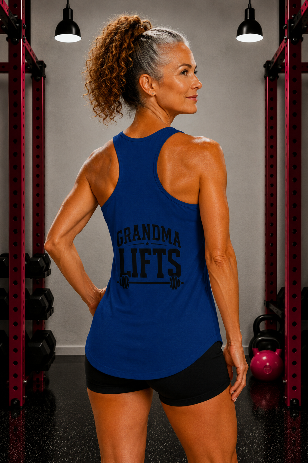 Grandma Lifts - Women's Ideal Racerback Tank - White Logo Front & Back