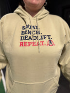 WWLW “Squat • Bench • Deadlift • Repeat” Hoodie - Front Dark Logo Plain Back