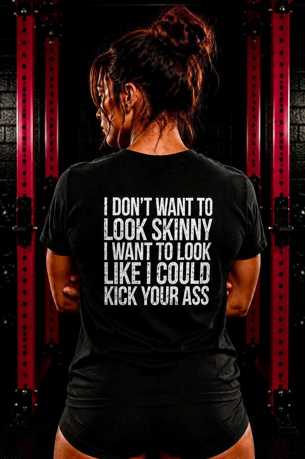 I DON’T WANT TO LOOK SKINNY I WANT TO LOOK LIKE I CAN KICK YOUR ASS  - Unisex Softstyle T-Shirt - Distressed White Logo on Front Plain Back