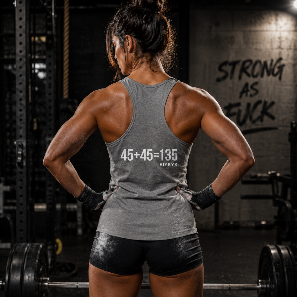 45 + 45 = 135 - Women's Ideal Racerback Tank - White Print Front & Back