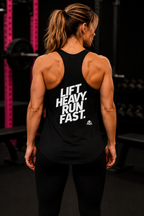 Lift Heavy - Run Fast - Racer Back Tank Top - Women's Ideal Racerback Tank (White Front & Back Logo)