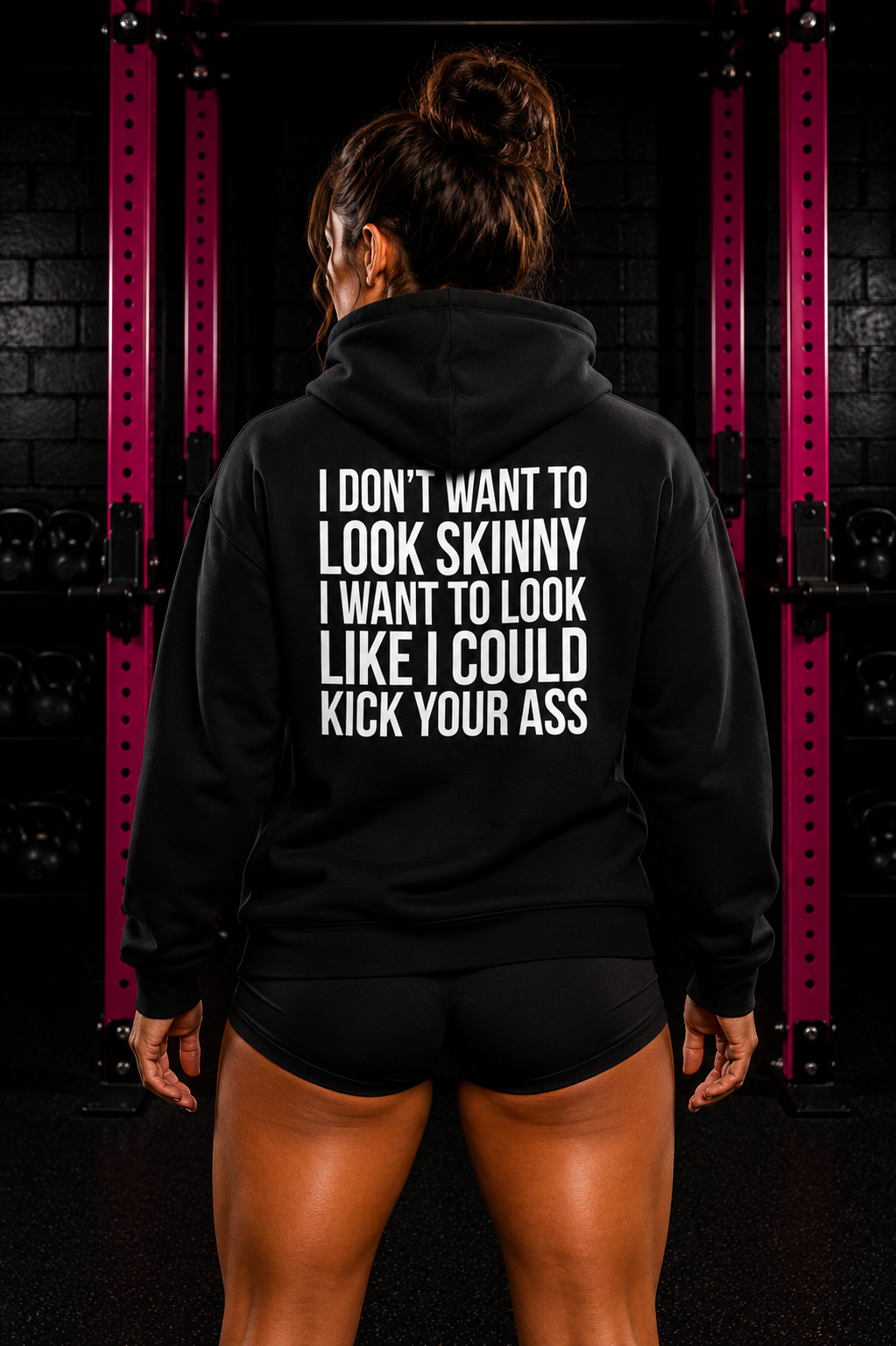 I DON’T WANT TO LOOK SKINNY, I WANT TO LOOK LIKE I CAN KICK YOUR ASS – Unisex Heavy Blend™ Hooded Sweatshirt (White Logo) 🤍