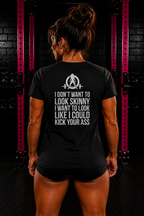 I DON’T WANT TO LOOK SKINNY I WANT TO LOOK LIKE I CAN KICK YOUR ASS - White WWLW Distressed Logo - Women's Favorite Tee