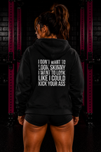 I DON’T WANT TO LOOK SKINNY I WANT TO LOOK LIKE I CAN KICK YOUR ASS – White Distressed Logo Unisex Heavy Blend™ Full Zip Hooded Sweatshirt