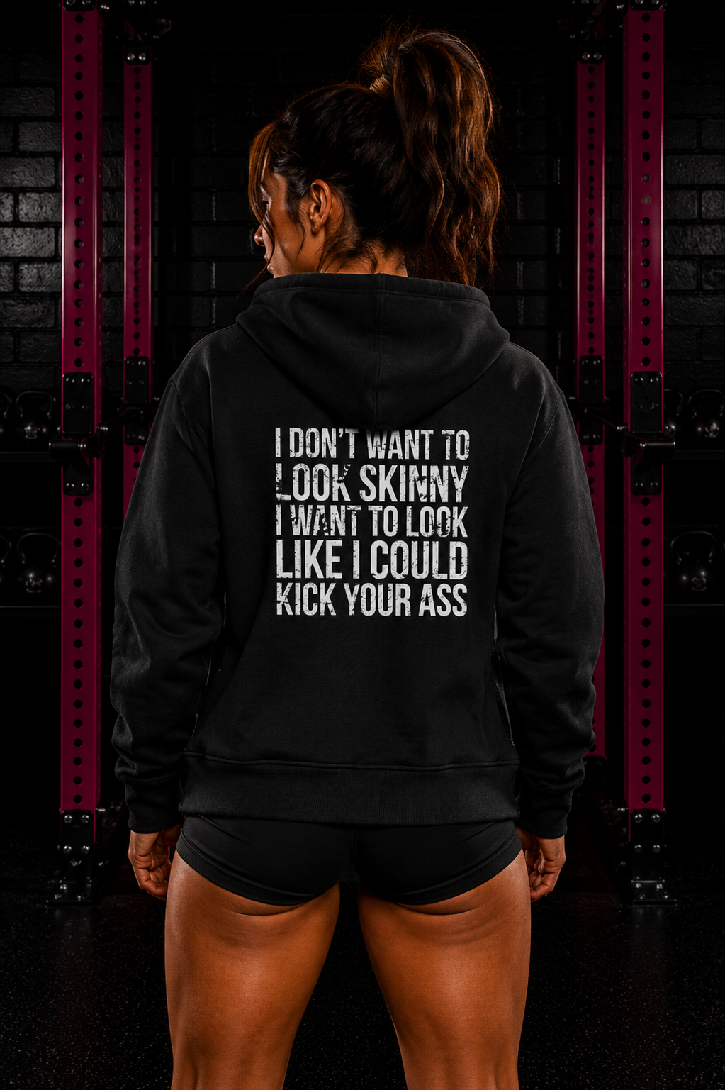 I DON’T WANT TO LOOK SKINNY I WANT TO LOOK LIKE I CAN KICK YOUR ASS – White Distressed Logo Unisex Heavy Blend™ Full Zip Hooded Sweatshirt