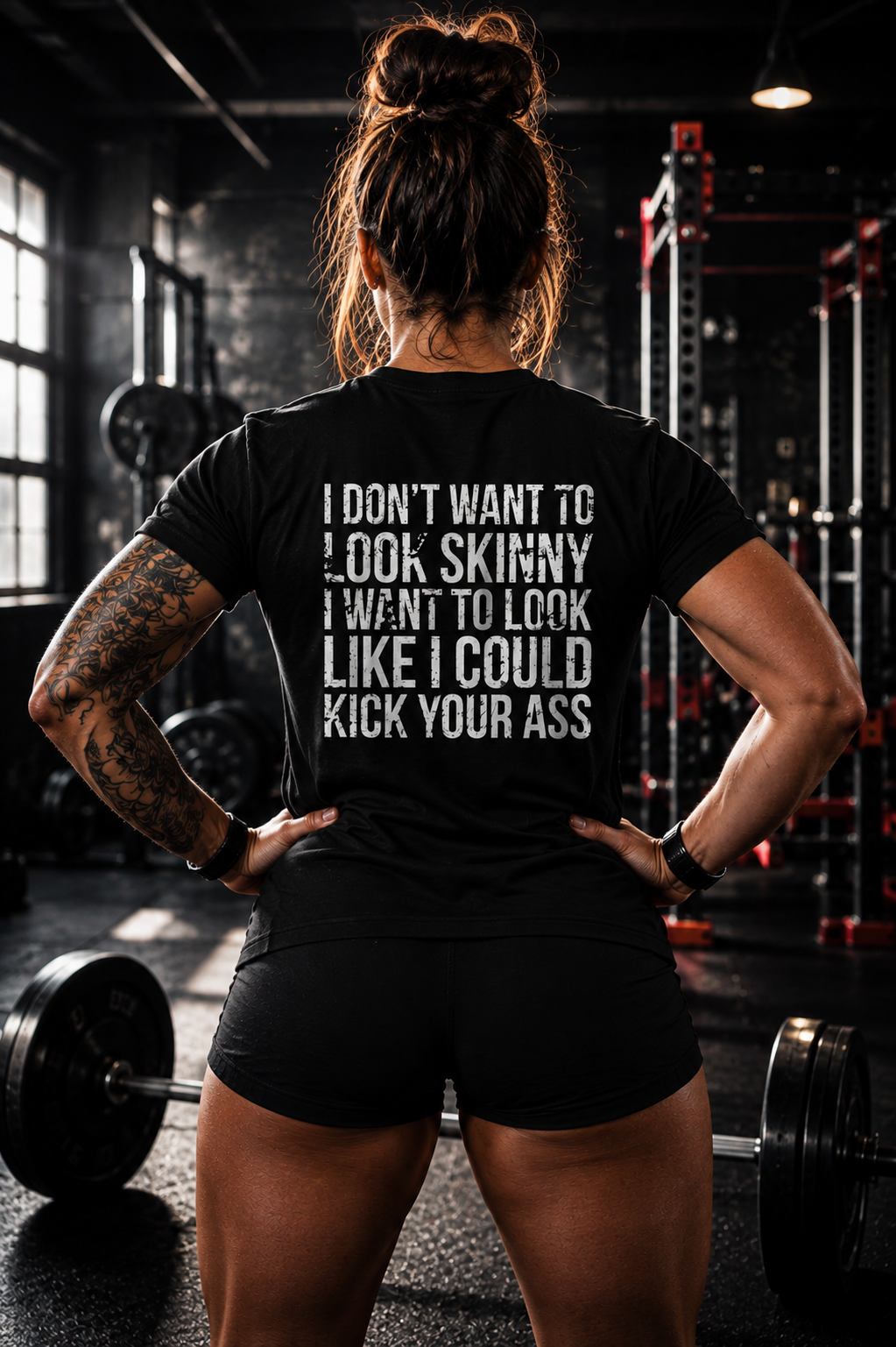 I DON’T WANT TO LOOK SKINNY I WANT TO LOOK LIKE I CAN KICK YOUR ASS  - Unisex Softstyle T-Shirt - Distressed White Logo on Front Plain Back