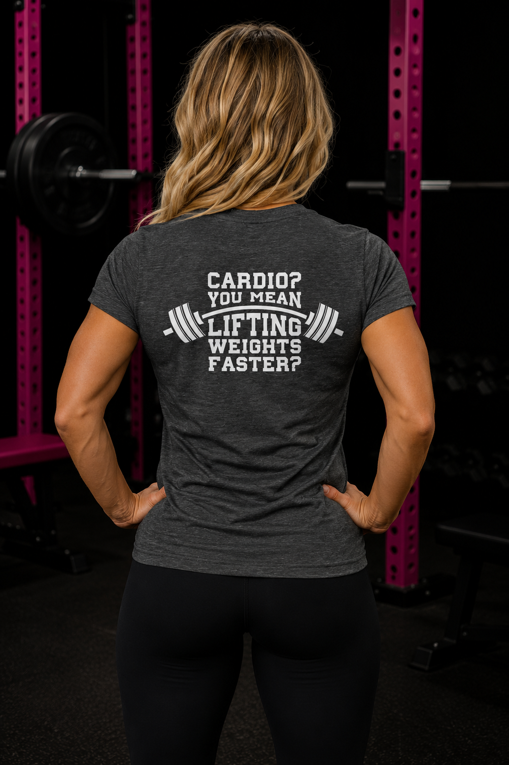 Cardio?  Lift Weights Faster - Women's Softstyle Tee - Print on Front & Back