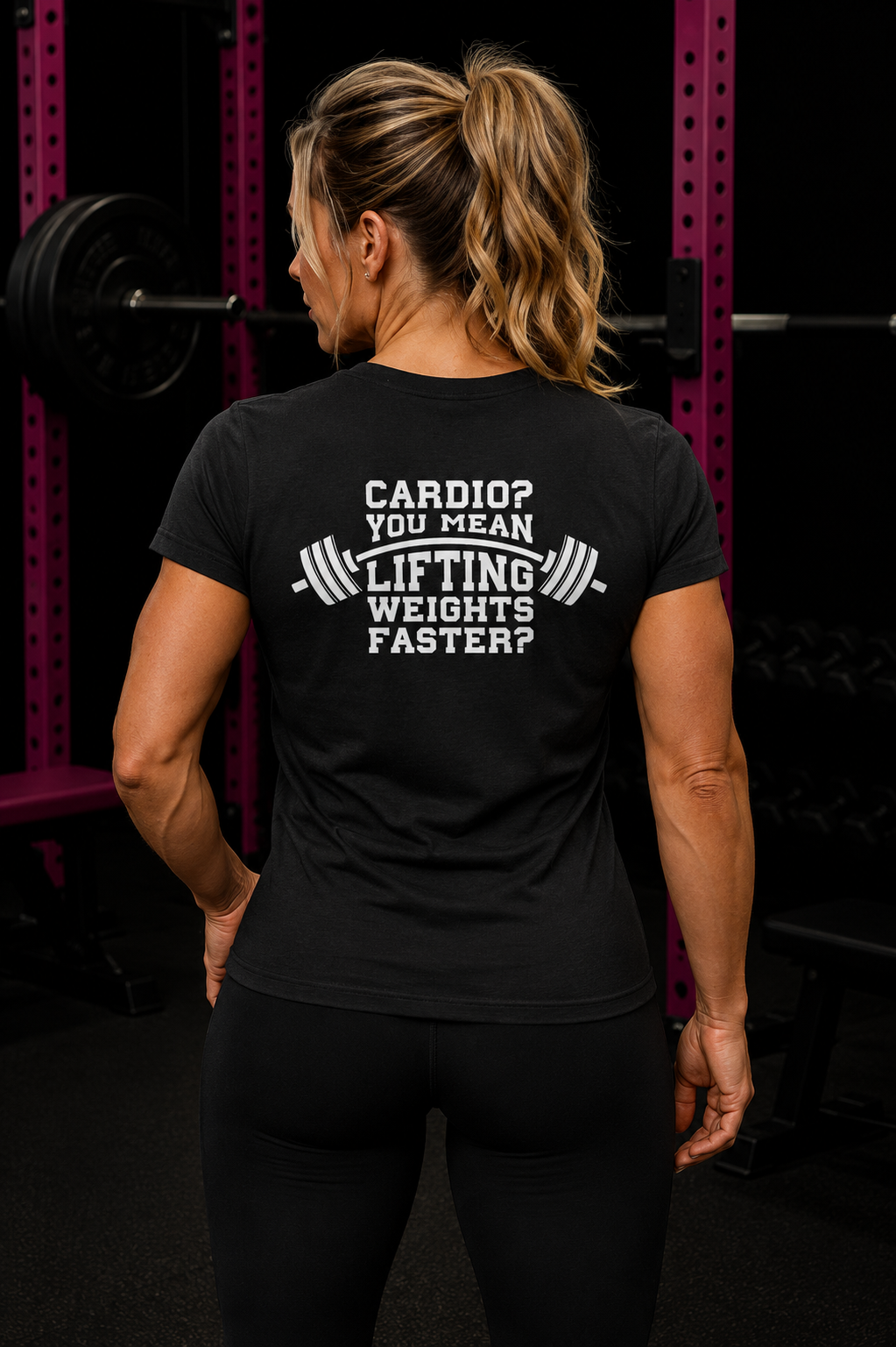 Cardio?  Lift Weights Faster - Women's Softstyle Tee - Print on Front & Back