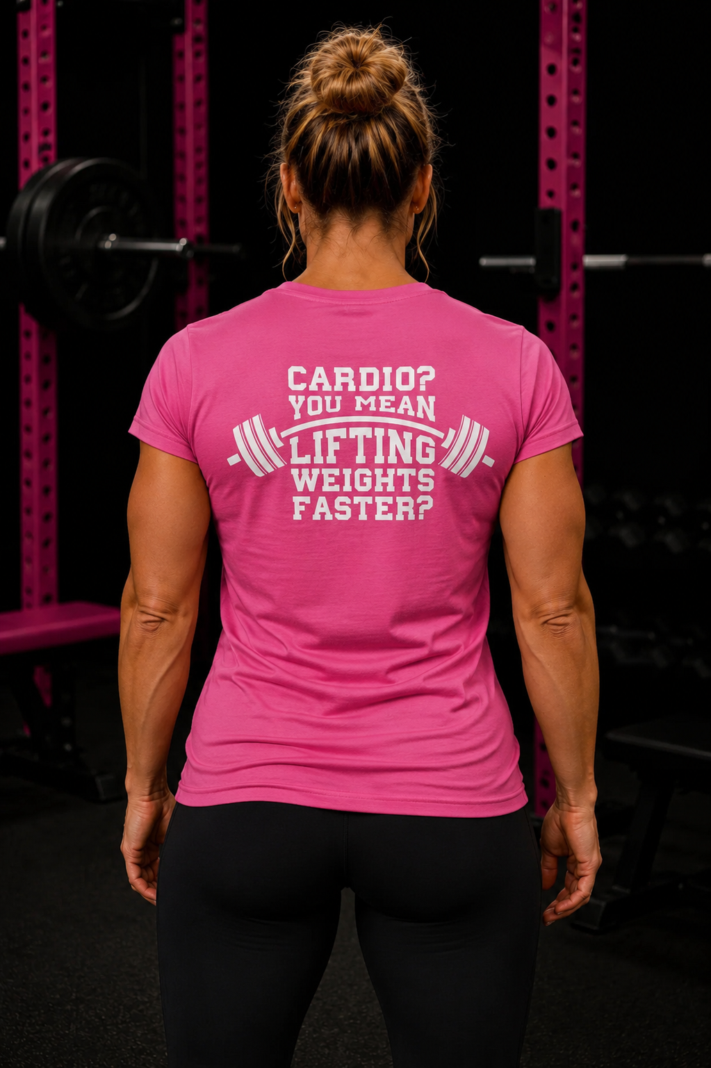 Cardio?  Lift Weights Faster - Women's Softstyle Tee - Print on Front & Back