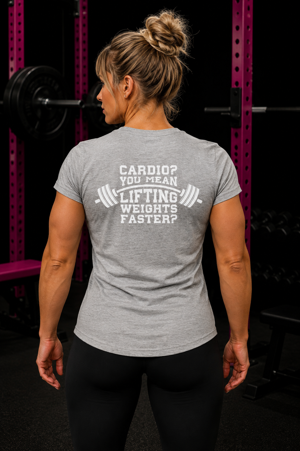 Cardio?  Lift Weights Faster - Women's Softstyle Tee - Print on Front & Back
