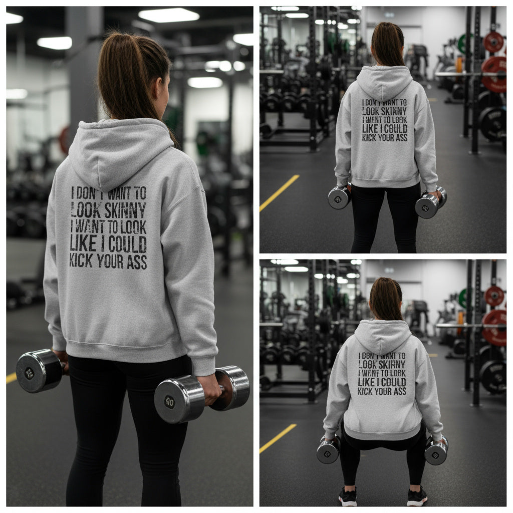 I DON’T WANT TO LOOK SKINNY – Unisex Heavy Blend™ Hooded Sweatshirt (Black Logo) 🤍💪🔥