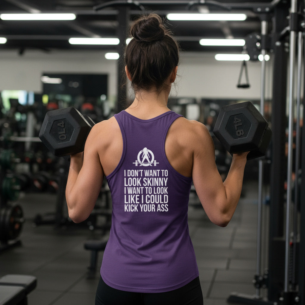 I DON’T WANT TO LOOK SKINNY I WANT TO LOOK LIKE I CAN KICK YOUR ASS – WWLW White Logo Unisex Heavy Cotton Tank Top