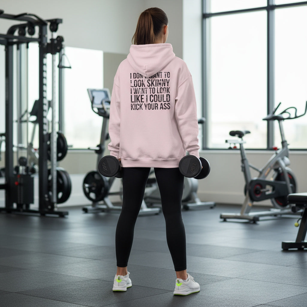 I DON’T WANT TO LOOK SKINNY – Unisex Heavy Blend™ Hooded Sweatshirt (Black Logo) 🤍💪🔥