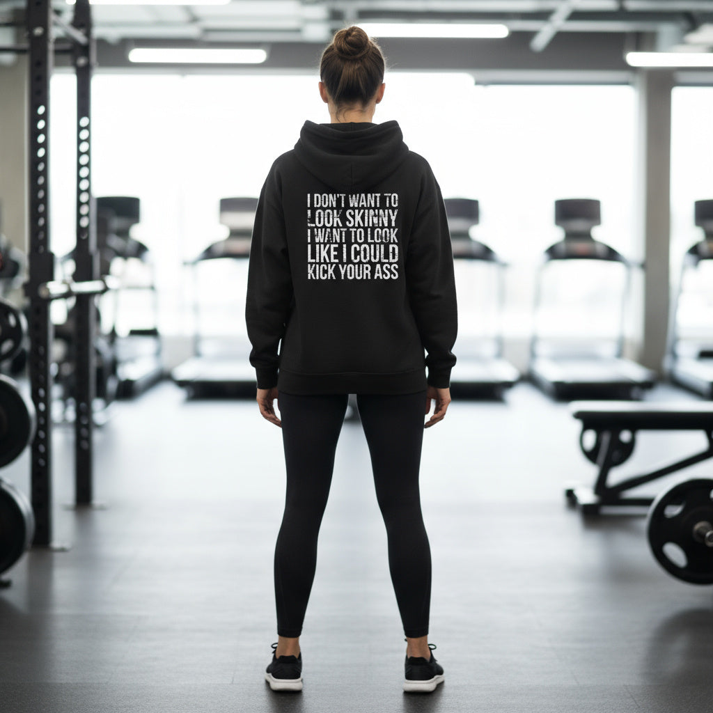 I DON’T WANT TO LOOK SKINNY – Unisex Heavy Blend™ Hooded Sweatshirt (White Distressed Logo)
