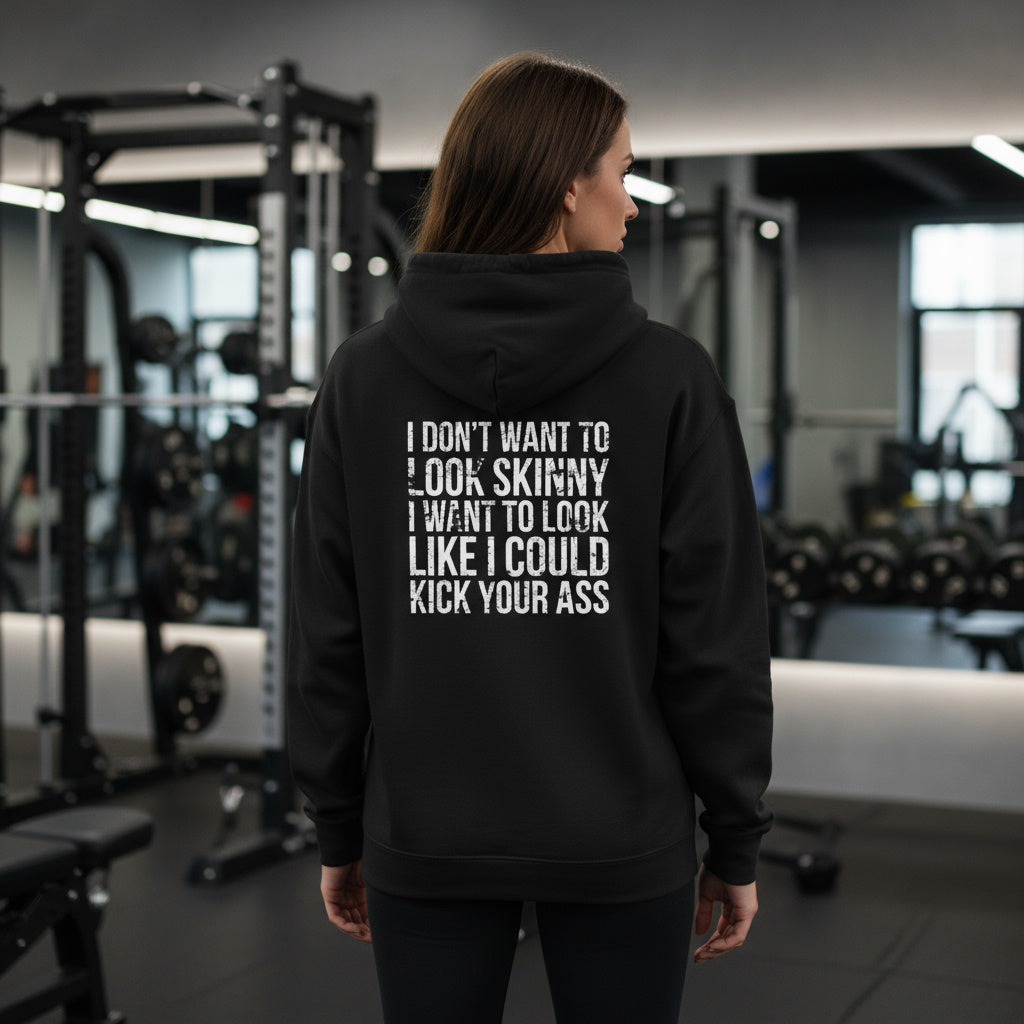 I DON’T WANT TO LOOK SKINNY – Unisex Heavy Blend™ Hooded Sweatshirt (White Distressed Logo)