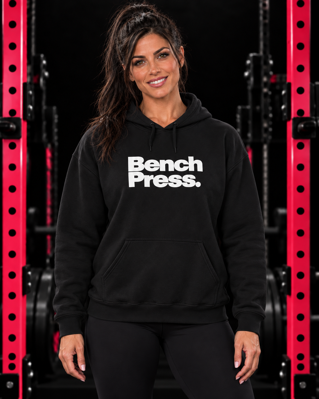 Bench Press. - Unisex Heavy Blend Hooded Sweatshirt — collection design in black gym with pink racks