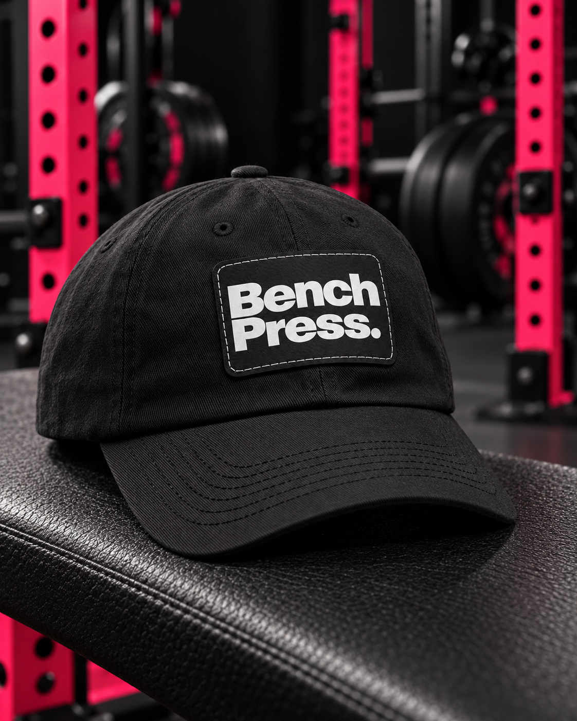 Bench Press. — Dad Cap — collection design in black gym with pink racks