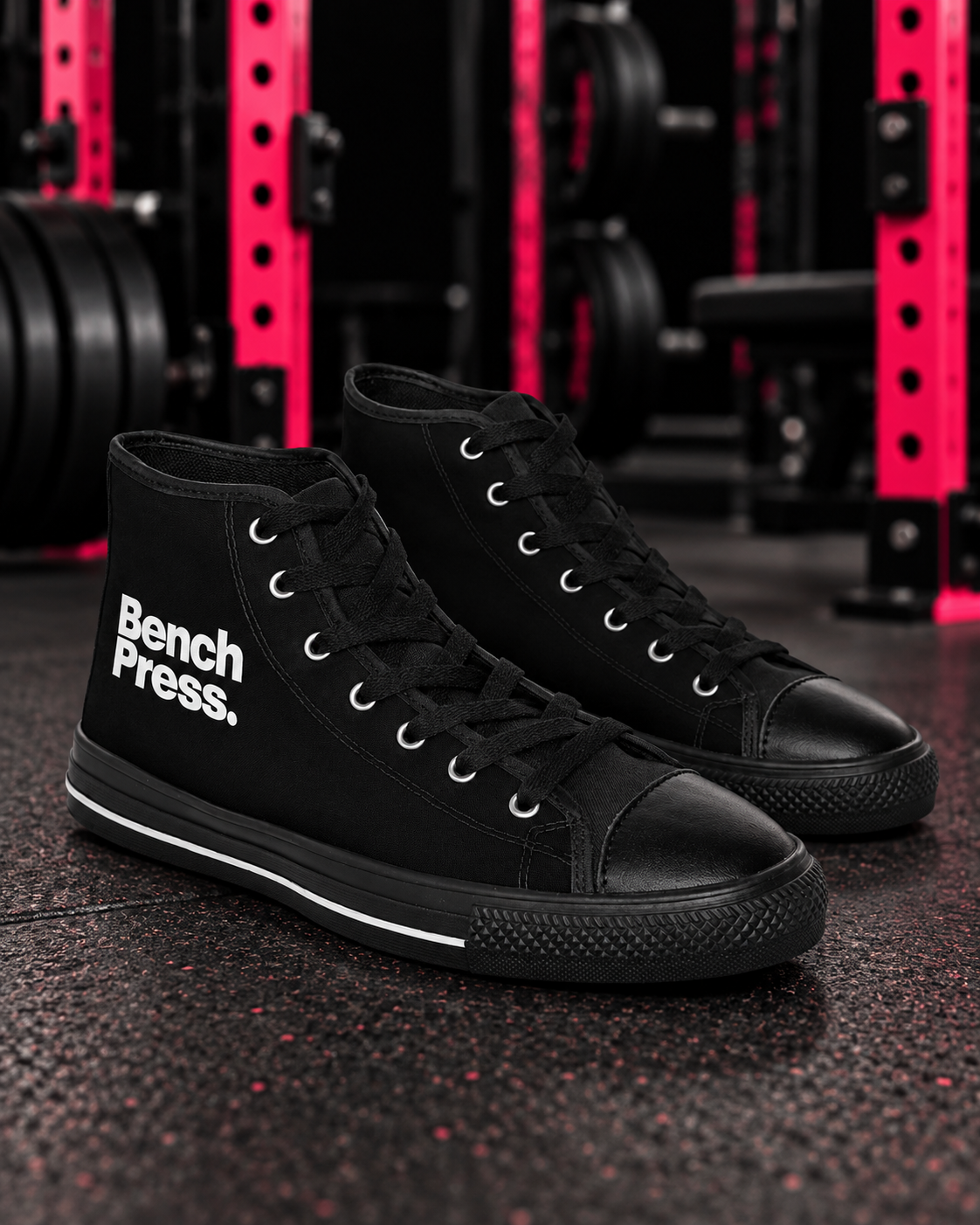 Bench Press. - High Top Lifting Shoes — collection design in black gym with pink racks