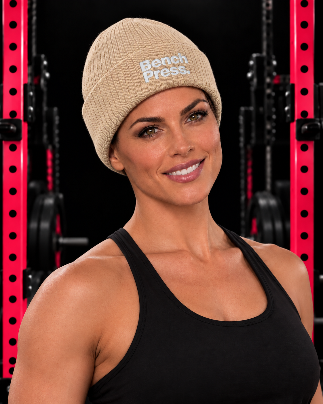Bench Press embroidered ribbed beanie worn with hair fully tucked inside