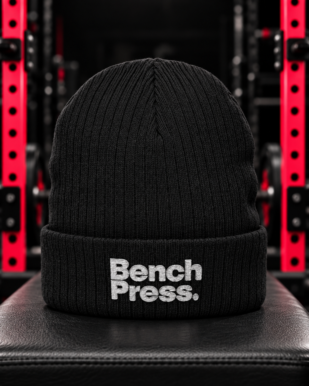 Black Bench Press embroidered ribbed knit beanie — cap-only gym hero