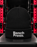 Black Bench Press embroidered ribbed knit beanie — cap-only gym hero