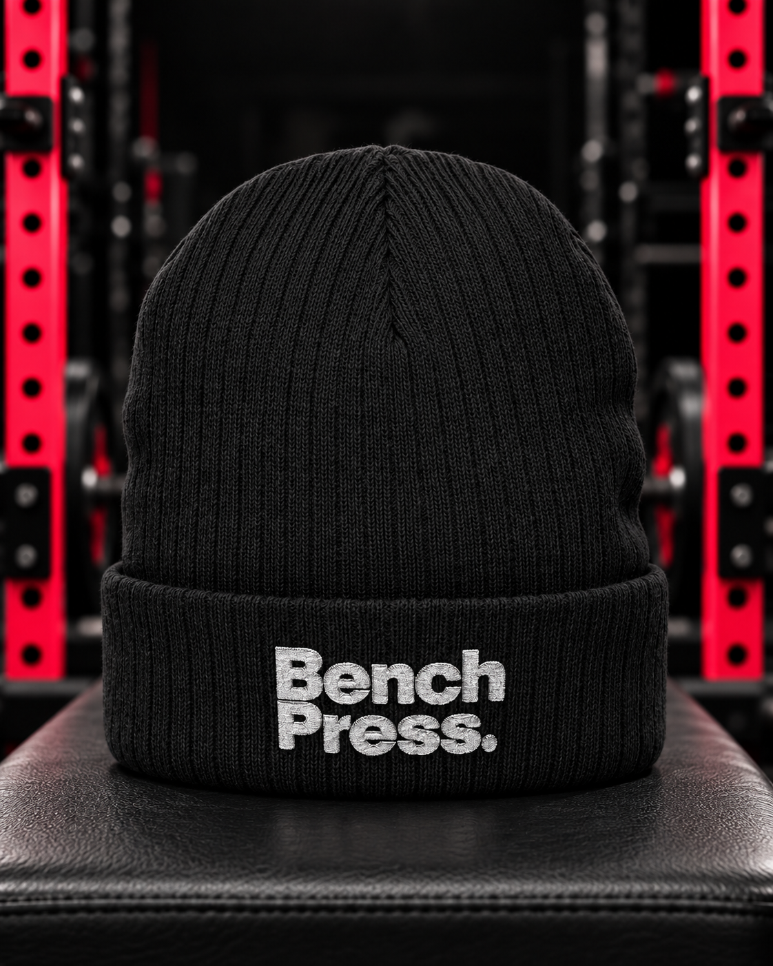 Black Bench Press embroidered ribbed knit beanie — cap-only gym hero