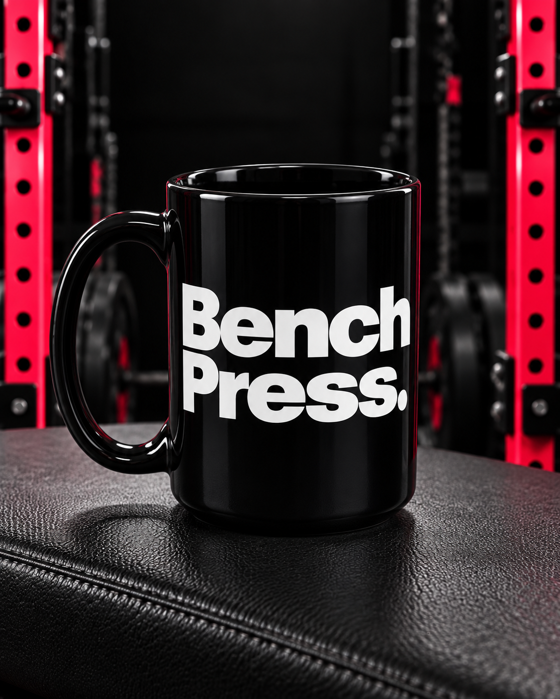Bench Press black 15oz mug in the WWLW gym