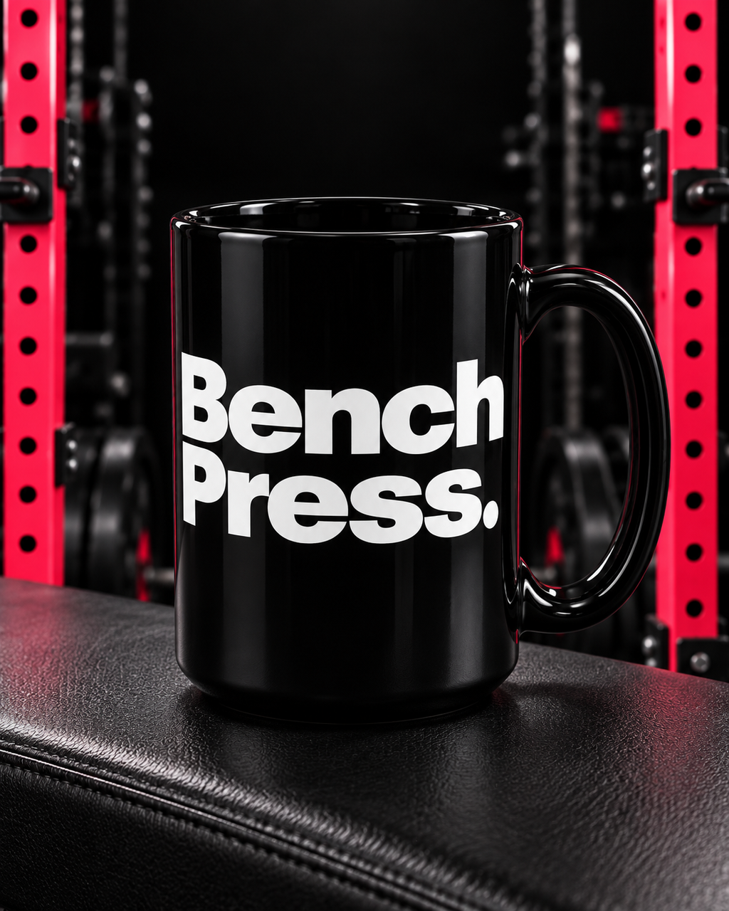 Bench Press black 15oz mug in the WWLW gym