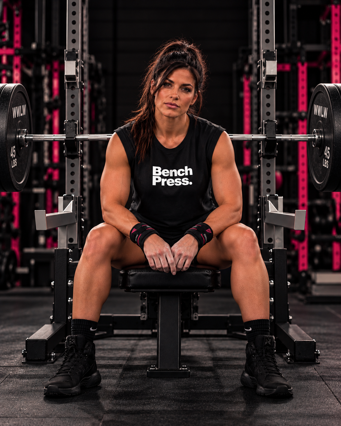 Woman bench pressing in the Women Who Lift Weights Bench Press muscle tank
