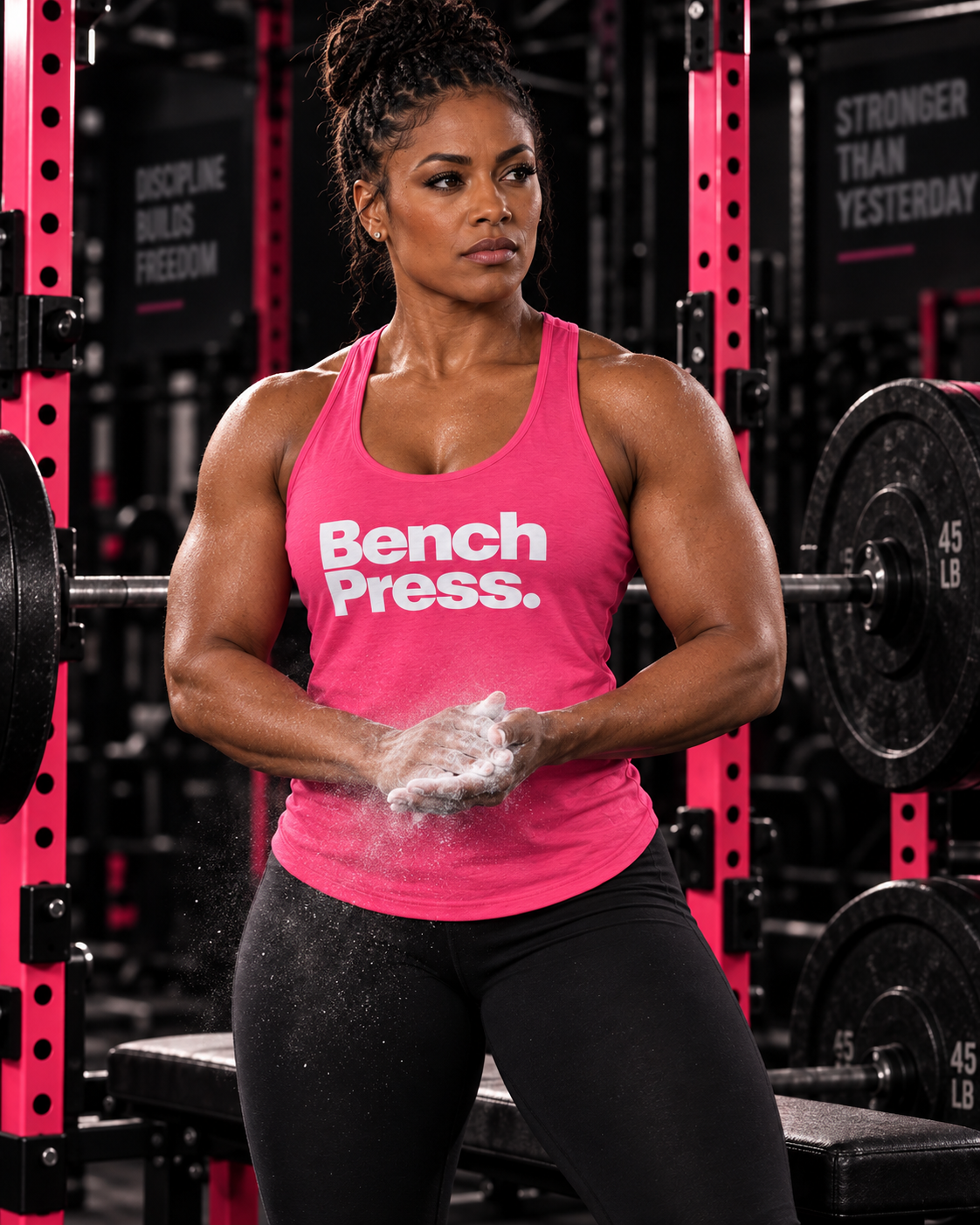 Bench Press racerback tank — powerful athlete in black and pink strength gym