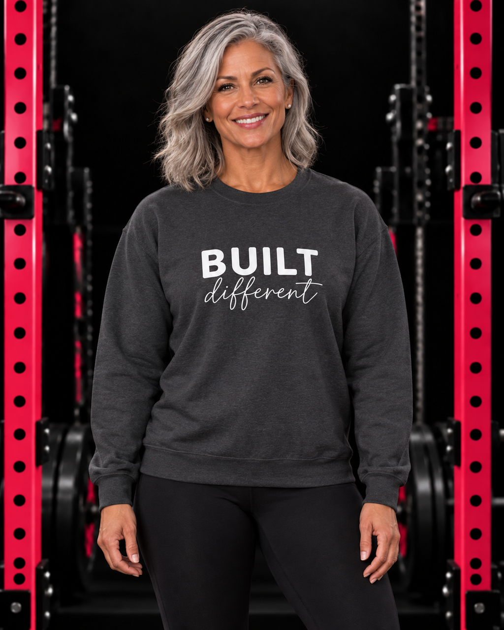 Built Different Crewneck Sweatshirt — Front & Back White Logo — Built Different collection hero in black and pink gym