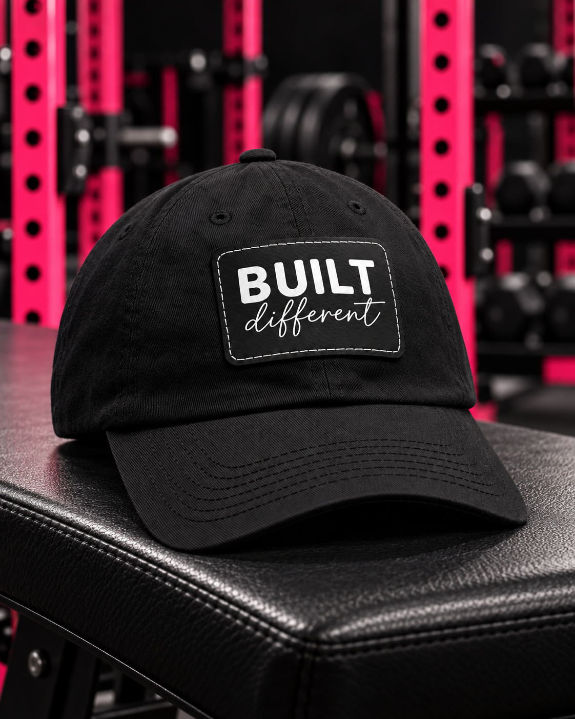 Built Different - Dad Hat with Leather Patch (Rectangle) - White Logo — Built Different collection hero in black and pink gym