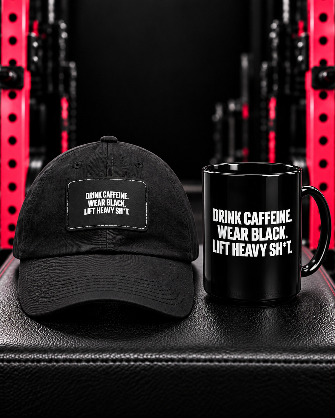 Black cap and 15oz mug with Drink Caffeine Wear Black Lift Heavy Shit slogan