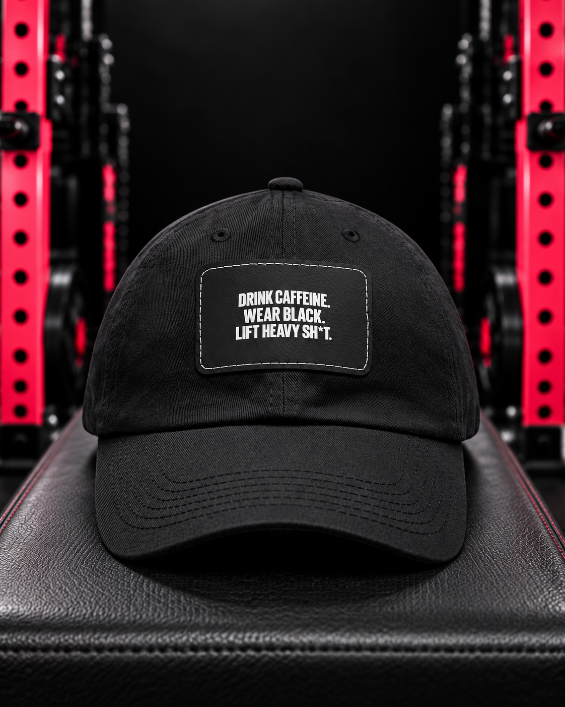 Black slogan leather patch dad cap on a gym bench