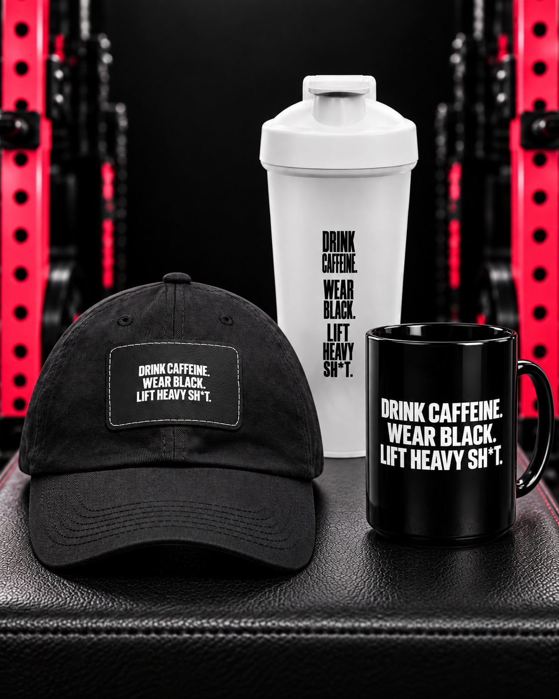 Drink Caffeine Wear Black Lift Heavy Shit bundle: black dad cap, black mug and white protein shaker