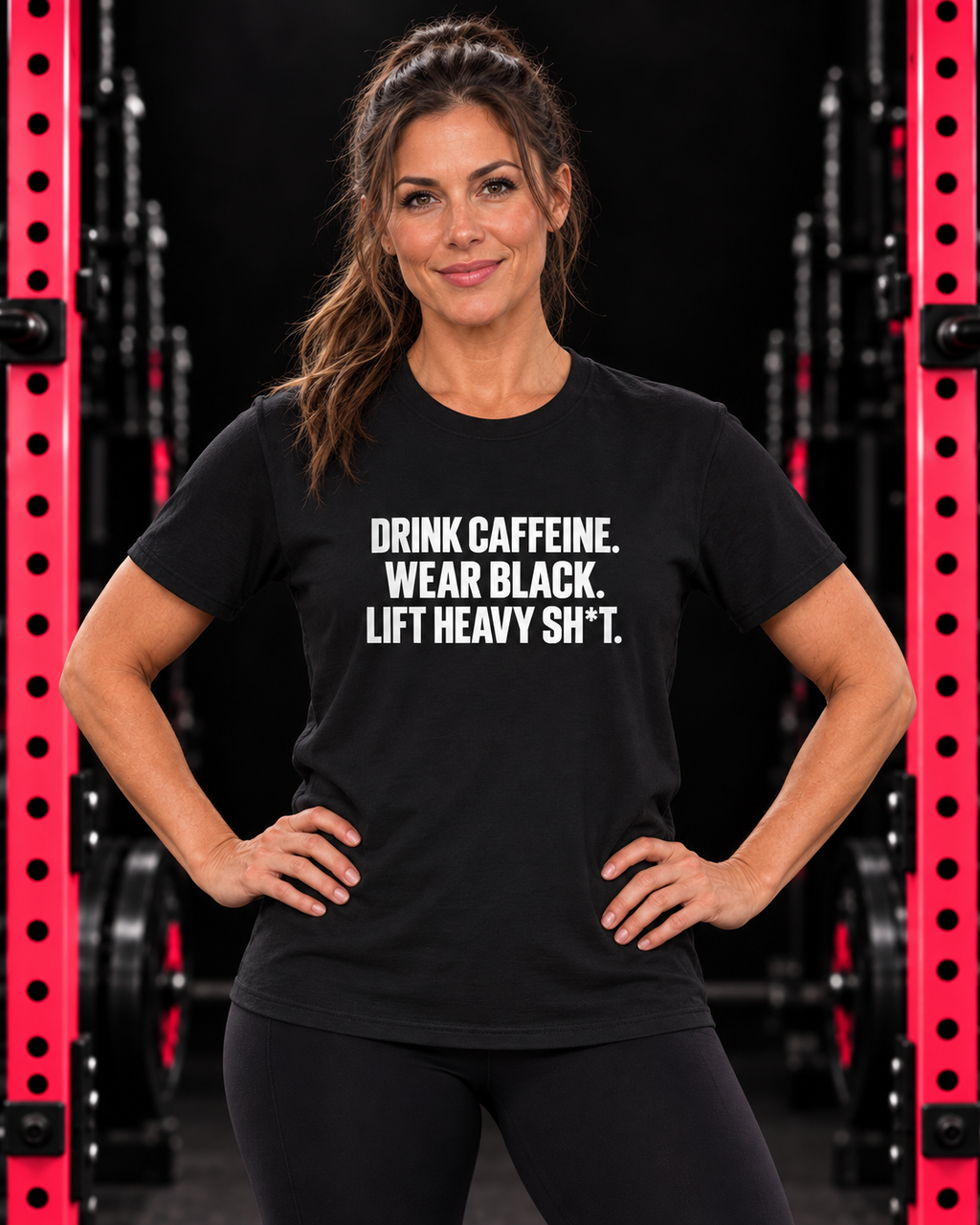 Woman wearing black front-print Drink Caffeine unisex Softstyle tee