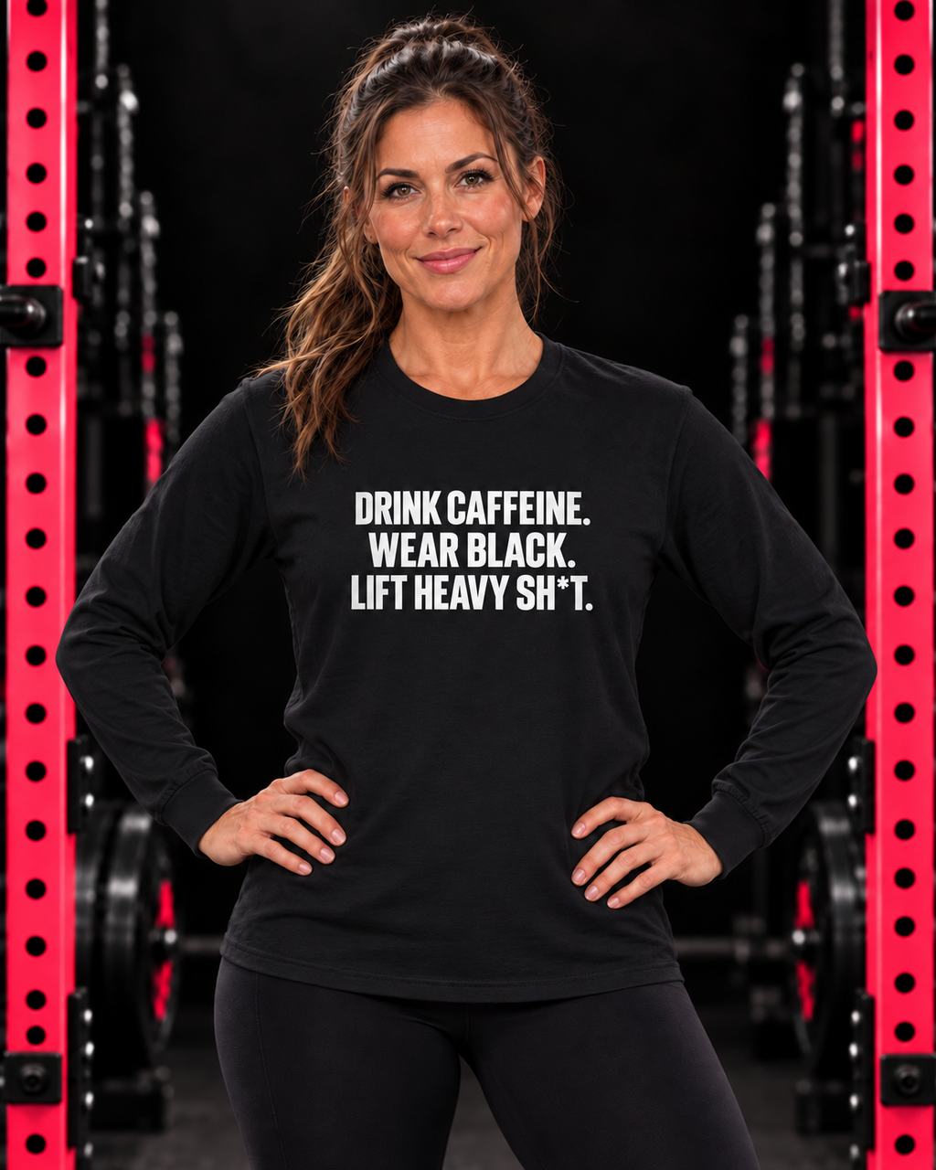 Woman wearing black front-print long sleeve in the WWLW gym