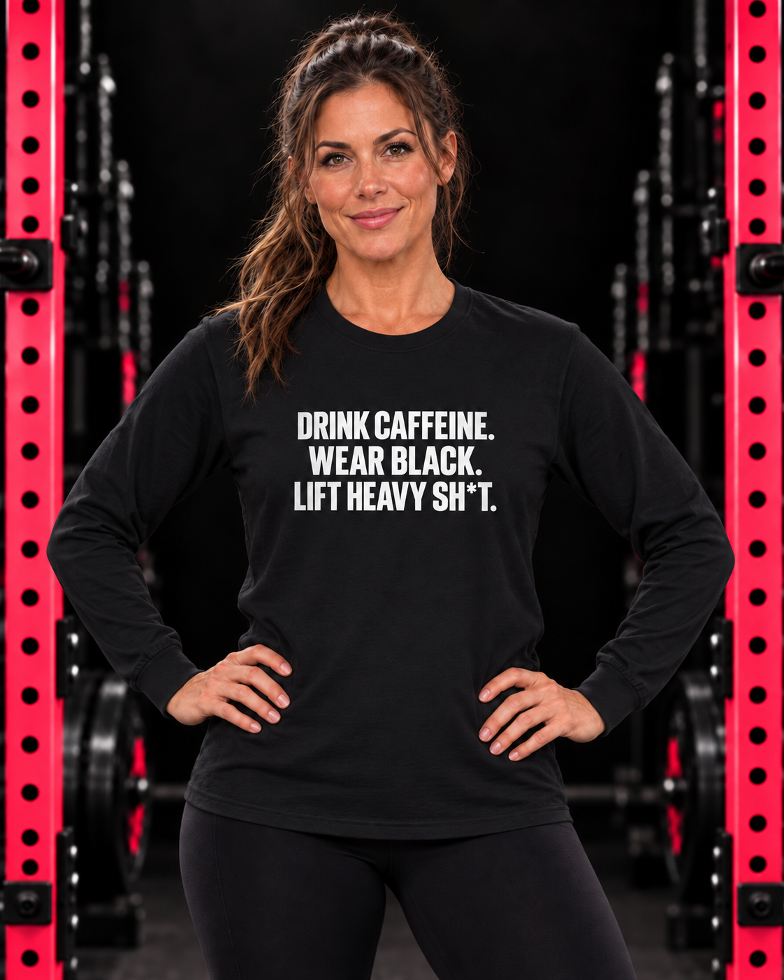 Woman wearing black front-print long sleeve in the WWLW gym