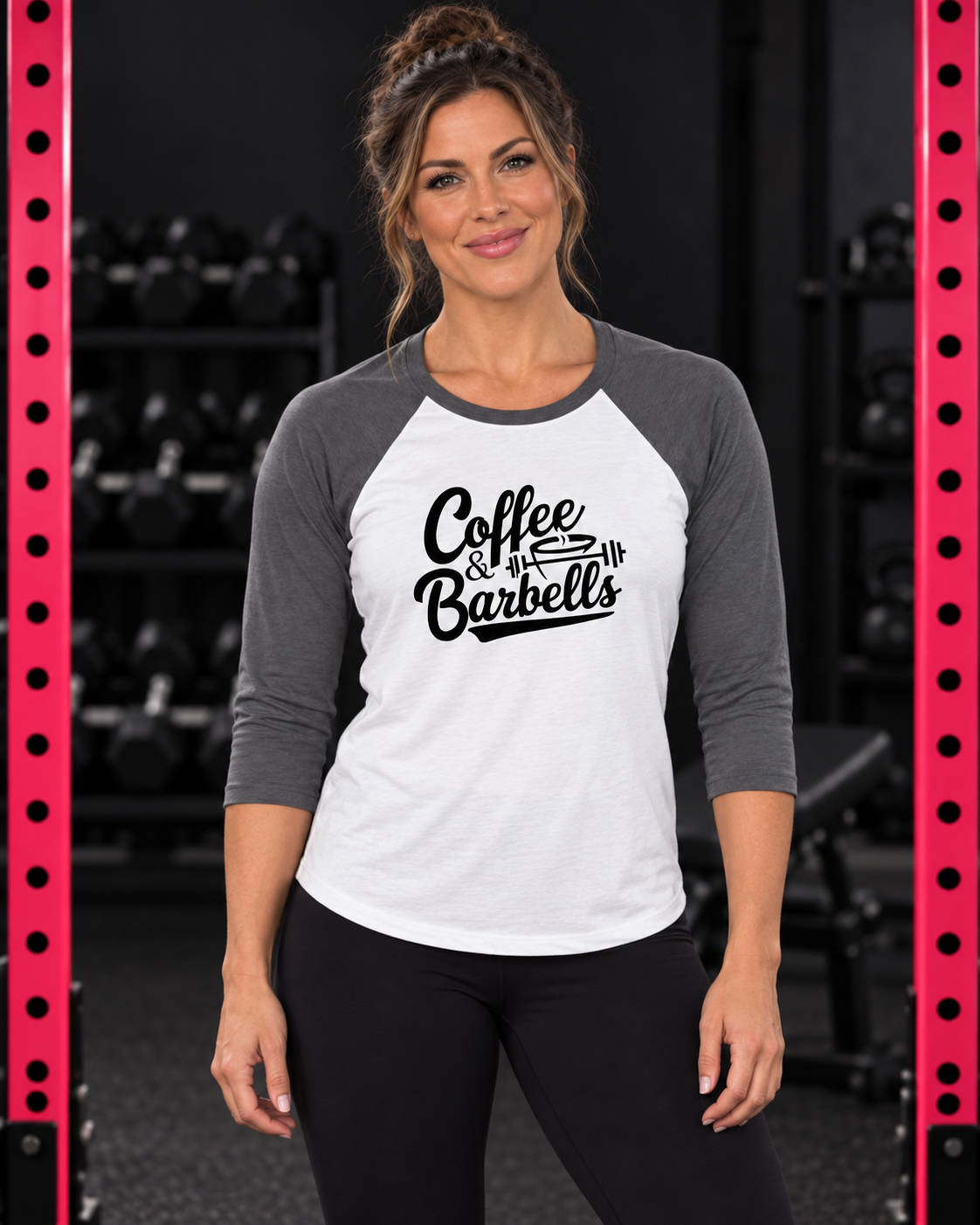 Coffee & Barbells - 3\4 Sleeve Baseball Tee — gym product hero