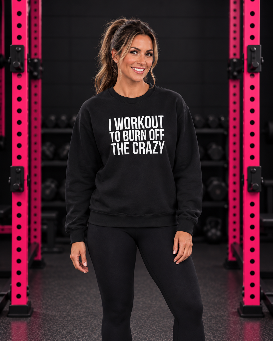 I Workout To Burn Off The Crazy - Unisex Heavy Blend™ Crewneck Sweatshirt - Front White Logo - Plain Back — gym model with full head visible