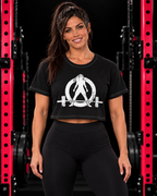 Crop Tee AOP - Black - White Distressed Logo — WWLW gym hero image
