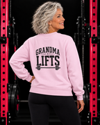 Grandma Lifts black back logo light pink crewneck on mature woman