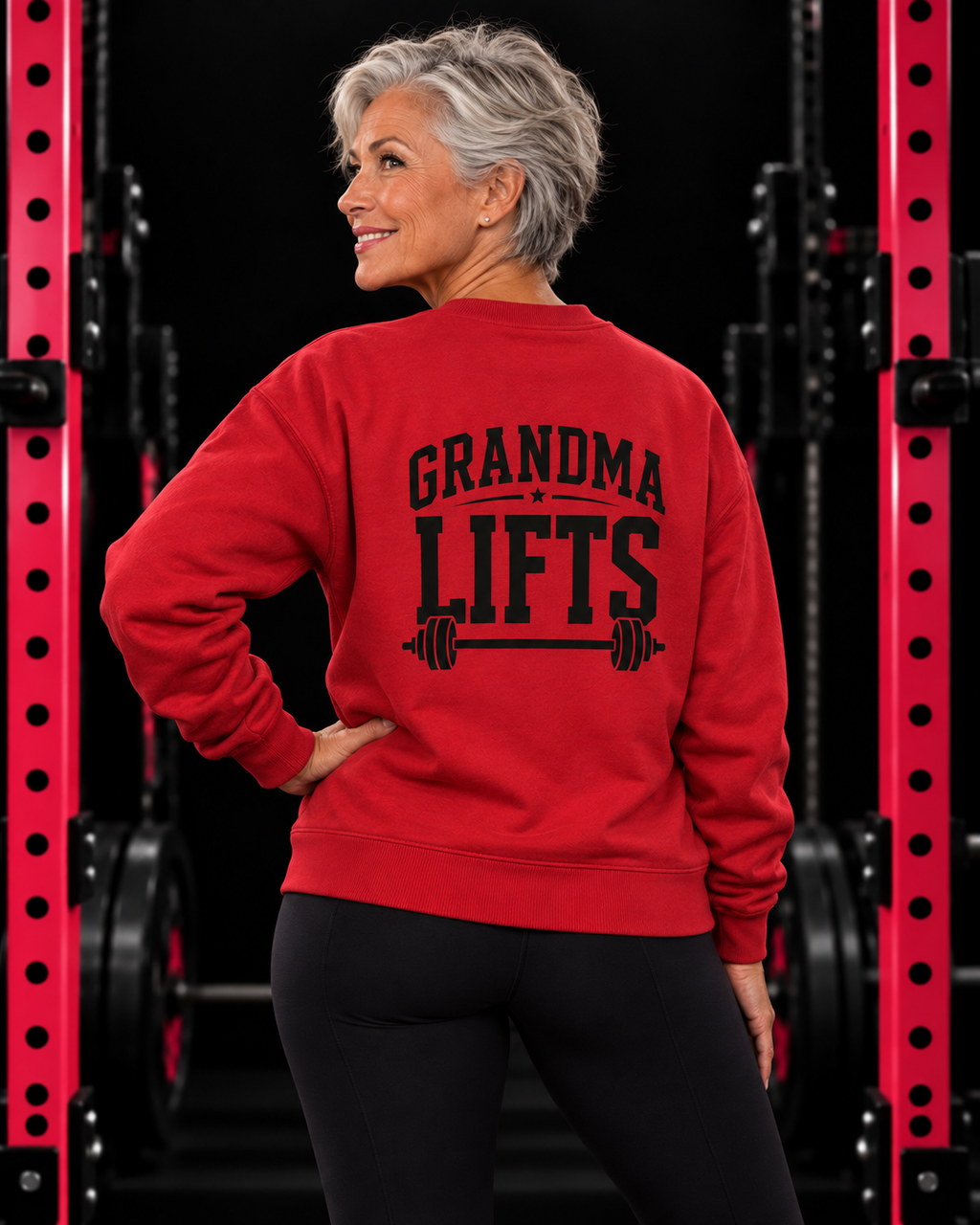 Grandma Lifts black back logo red crewneck on mature woman