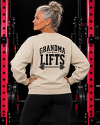 Grandma Lifts black back logo sand crewneck on mature woman