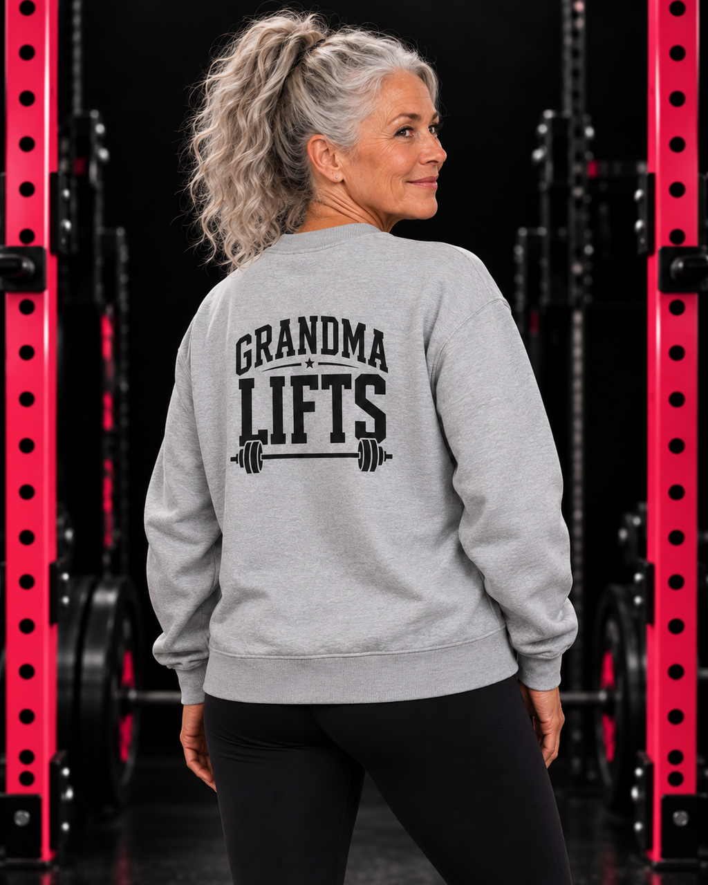 Grandma Lifts black back logo sport grey crewneck on mature woman