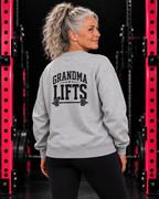 Grandma Lifts black back logo sport grey crewneck on mature woman