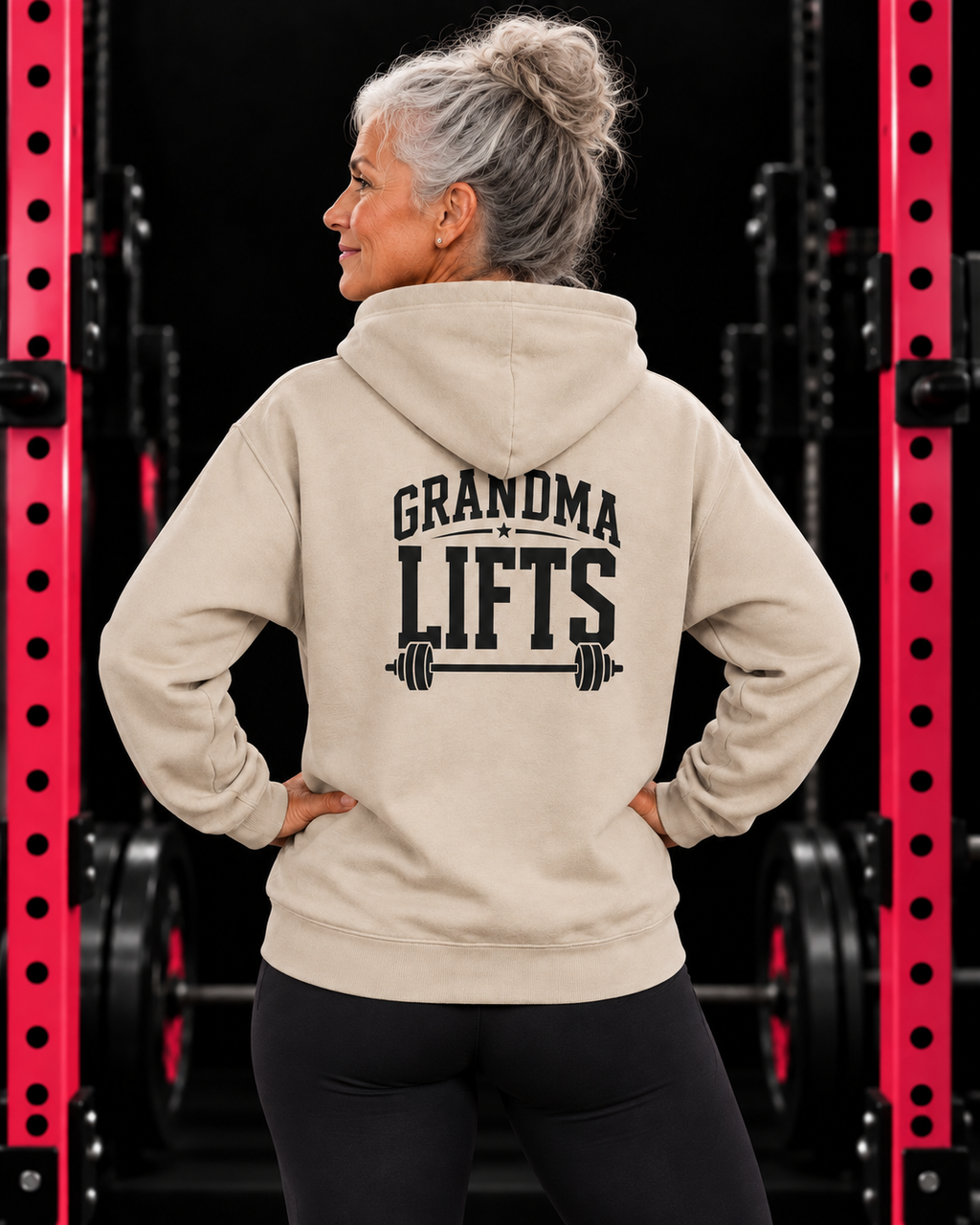 Grandma Lifts black back logo sand hoodie on mature woman