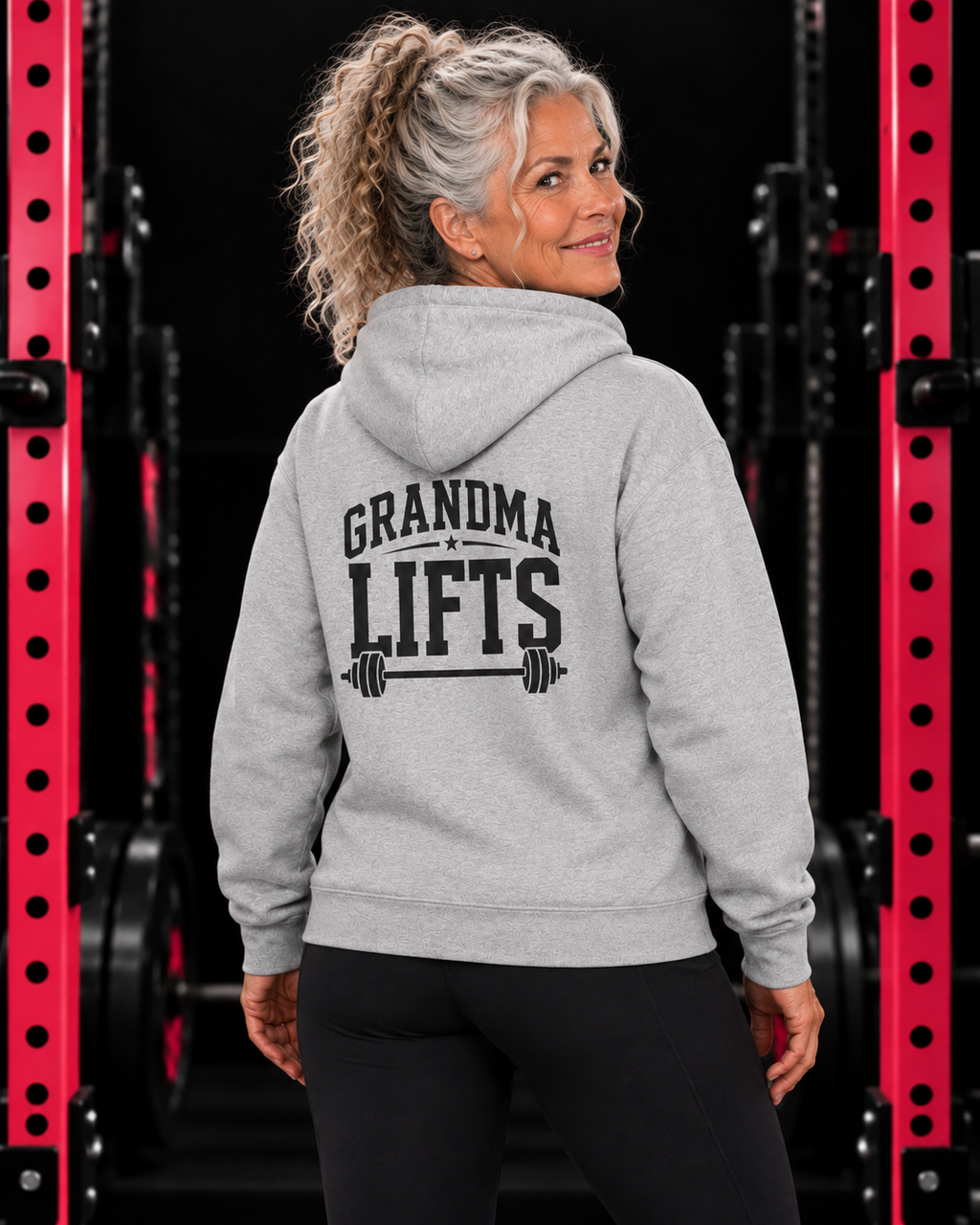 Grandma Lifts black back logo sport grey hoodie on mature woman