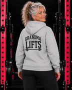 Grandma Lifts black back logo sport grey hoodie on mature woman
